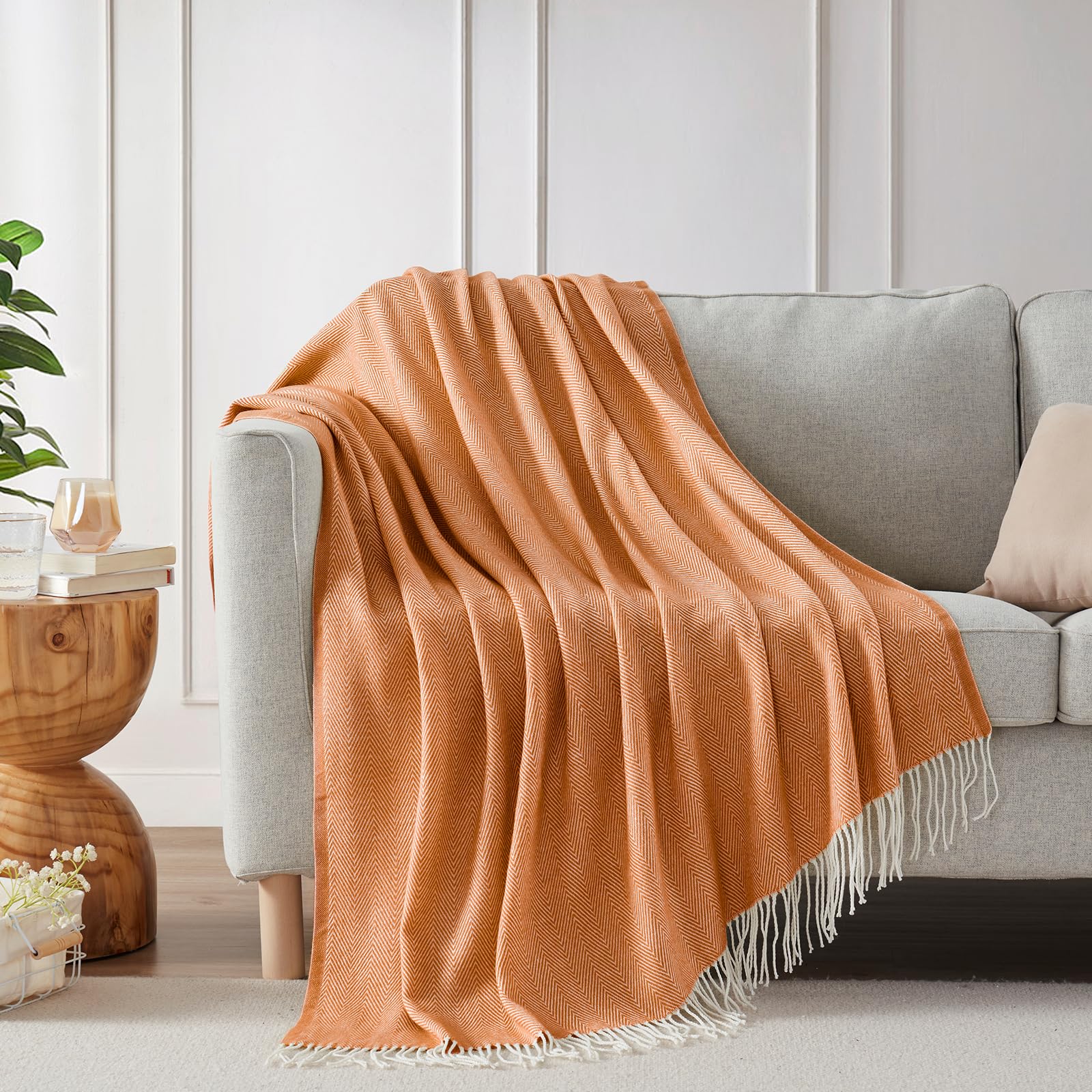 Manta de cachemira sintética ligera y acogedora de 125 x 152 cm de Bourina Herringbone, 100% acrílico, Naranja, 125 X 152cm