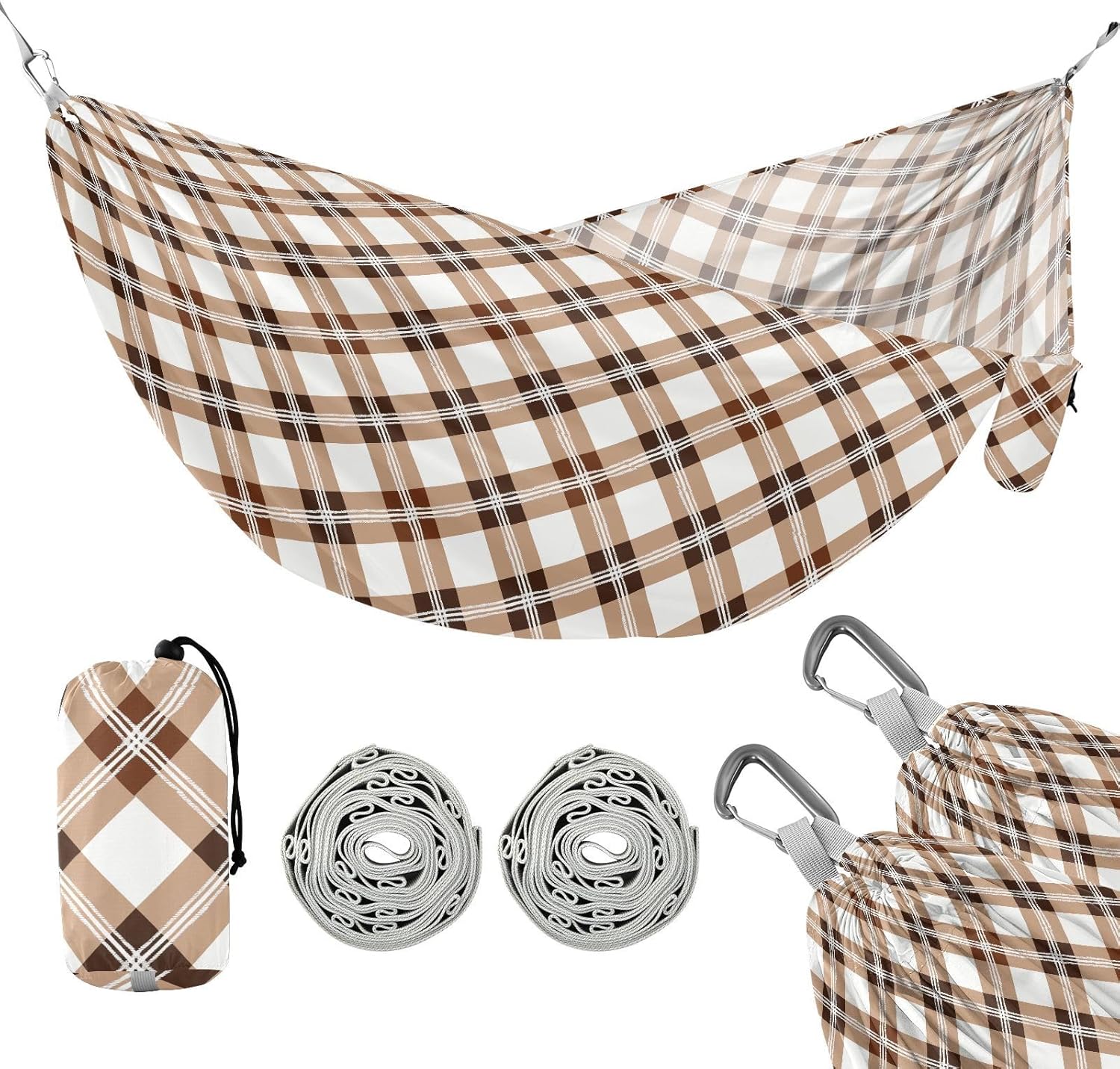 ALAZA Brown Grid Checkered Camping Hammocks Single or 2 Person 500 lbs Portable Parachute Travel Hammock w/Tree Straps for Hiking Backpacking Indoor Outdoor