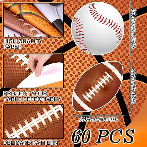 Miniatura 2 de Whaline 60 manteles individuales de papel con temática deportiva, desechables, para baloncesto, béisbol, fútbol, redondos, decorativos, para el