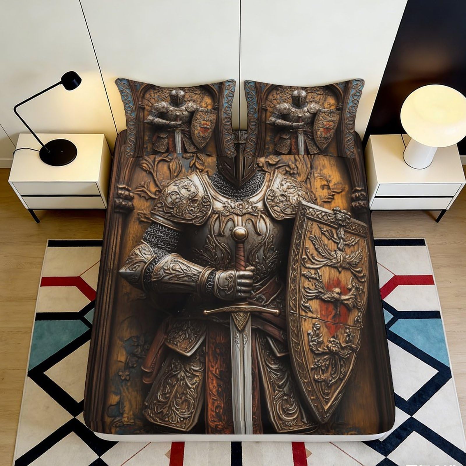 3D Printed Medieval Knight Fitted Sheet Microfiber Soft Durable Warrior Shield Bed Cover for Bedroom Dorm Decor 90x200x25cm