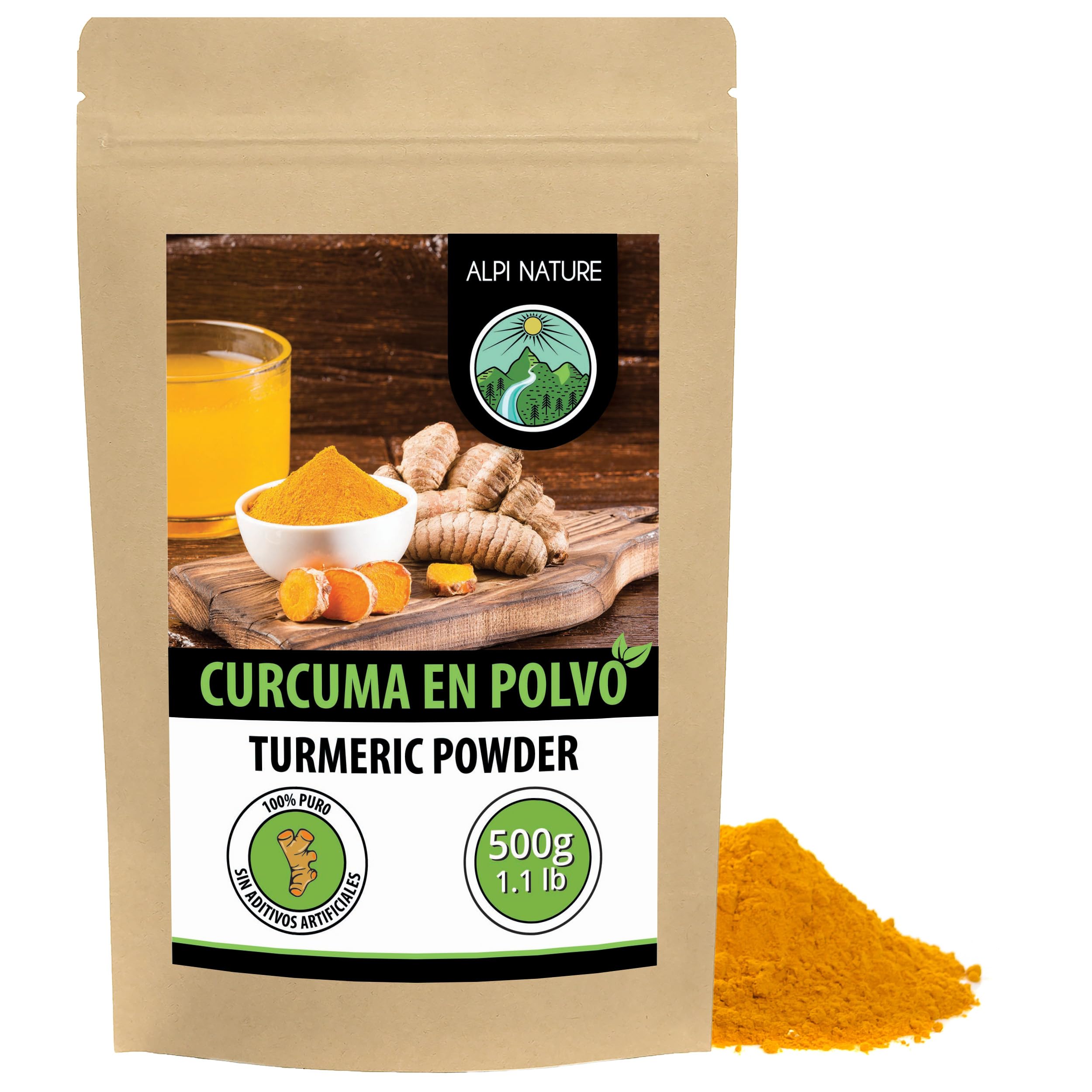 Alpi Nature Cúrcuma en Polvo 500g, Raíz de Cúrcuma Molida para Cocinar y Preparar Leche Dorada