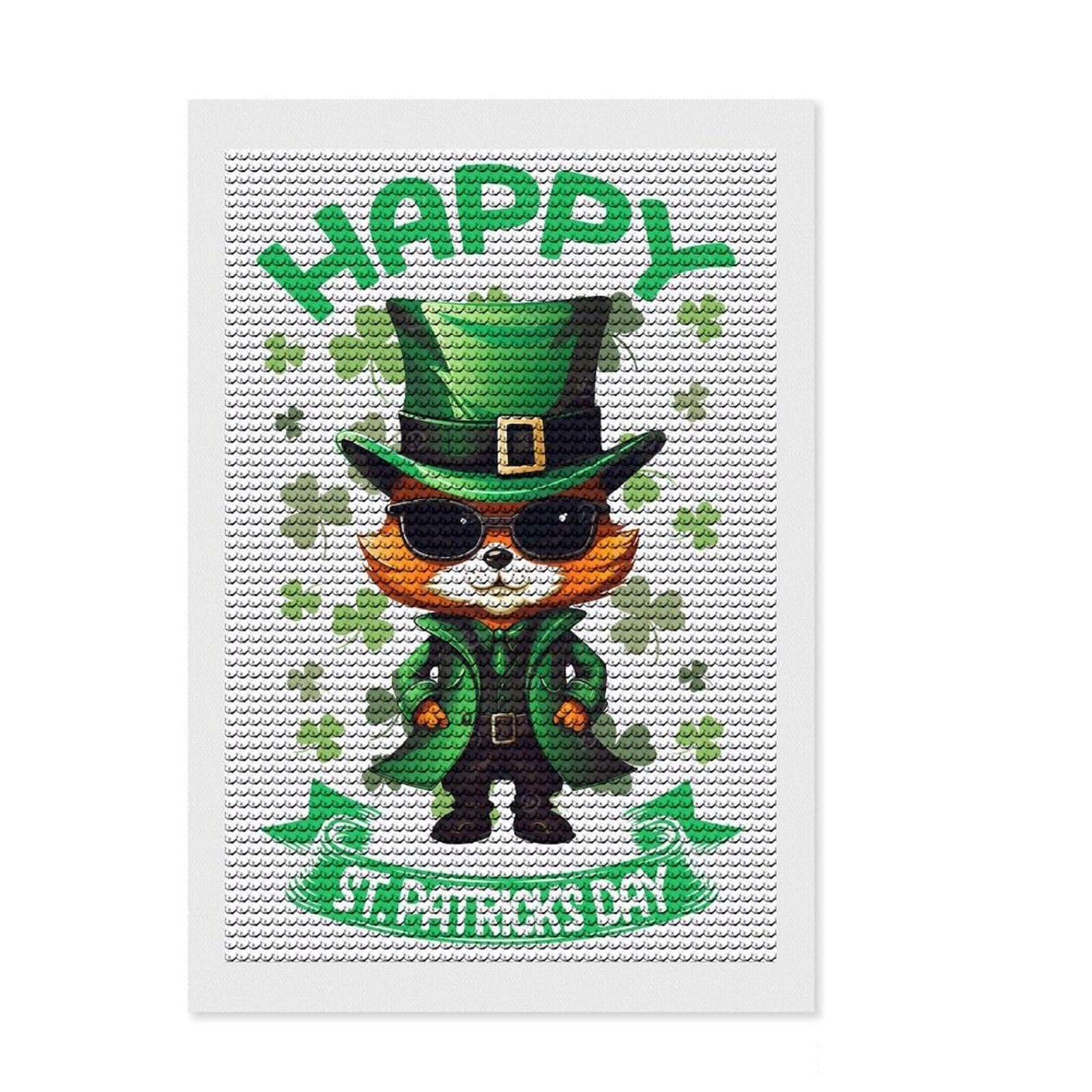 Junmoney Fox Saint Patricks Day Diamond Art Canvas 8"x12", Adhesive Canvas, Easy to Enjoy, Living Room Decor, Birthday Gift, Simple to Start