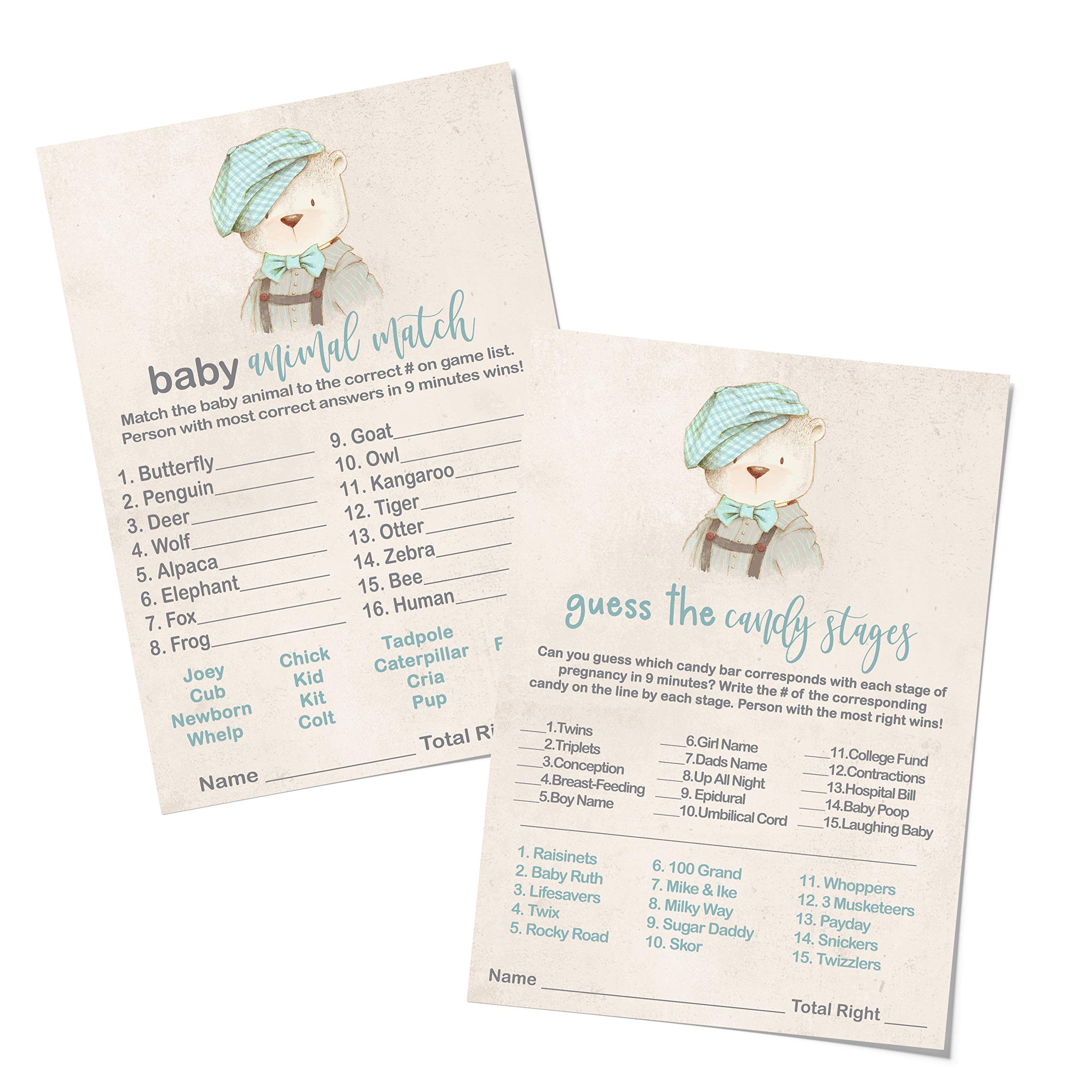 Paper Clever PartyTeddy Bear Baby Shower Game Cards 2-in-1 (25 Guests) Double-Sided Activity with Animal Matching and Candy Bar Match Cards Rustic Blue Printed Bundle Set