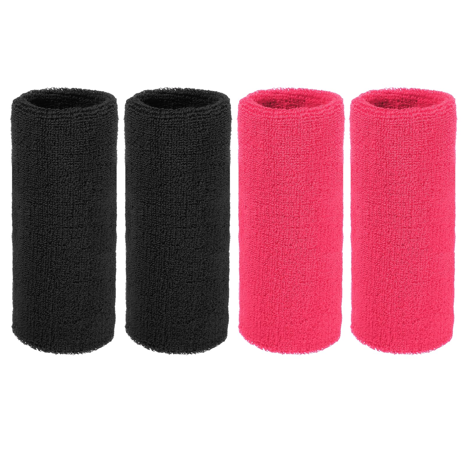 YELARXI Wristbands Sweatbands, Wrist Bands for Sweat Sports Wristbands 6x3 in & 4 Pack & Black/Light Rose Red-Fitting for (Tennis/Basketball/Football/Running/Working Out/Men & Women)