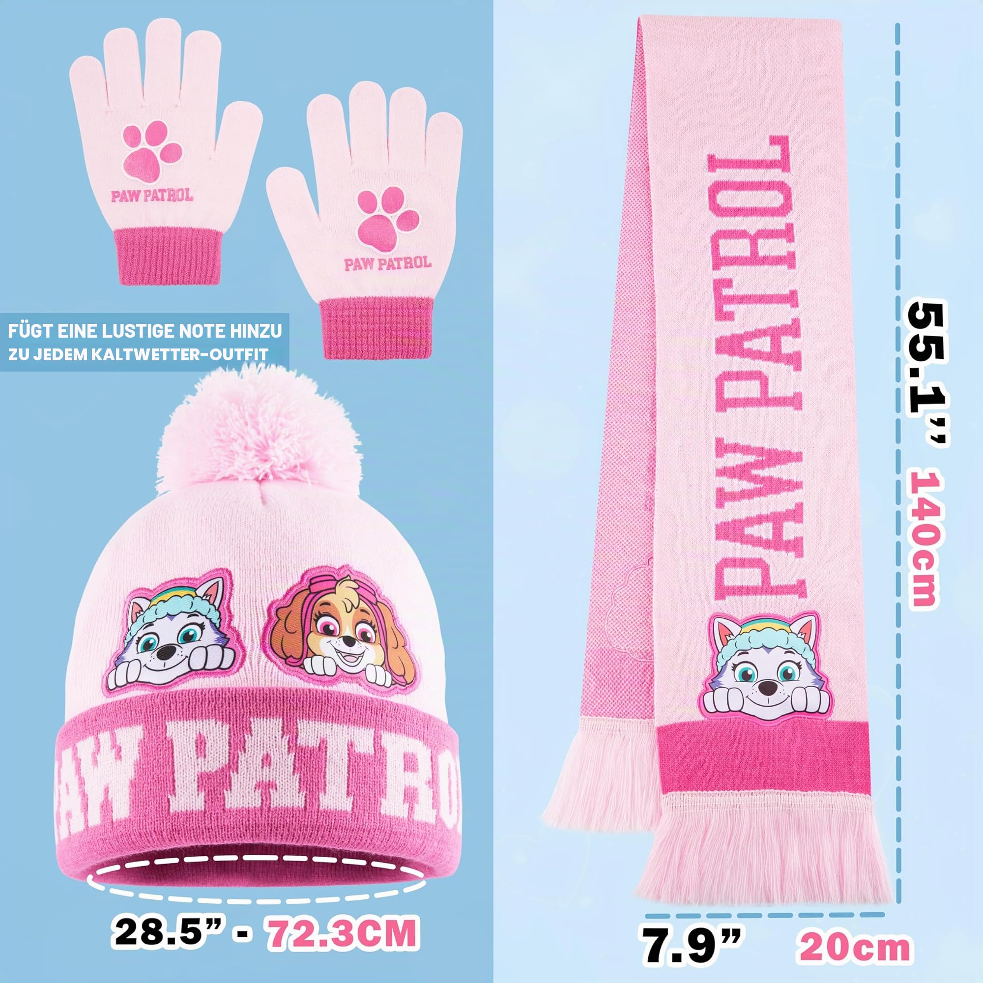 PAW PATROL Beanie Schal Handschuhe Set für Mädchen 3–7 Jahre, Weiches Strickmaterial, Kawaii Rosa Design, Geschenk für Kinder