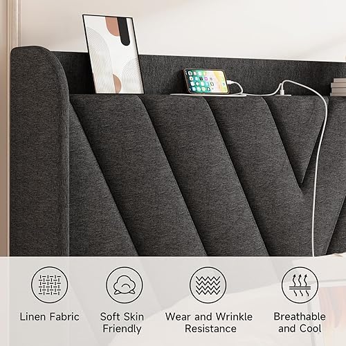 Miniatura 4 de Marco de cama King de terciopelo, marco de cama tapizado ajustable con puertos tipo C y USB, cabecera de almacenamiento con respaldo de ala, soporte