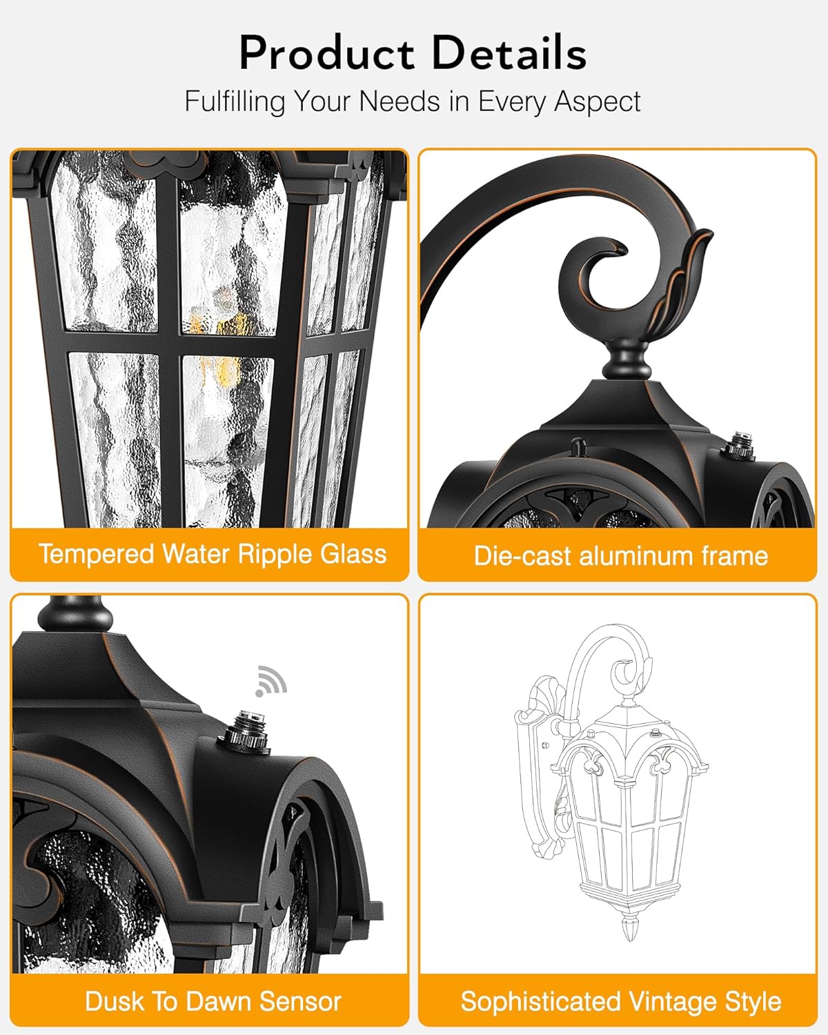 VIANIS Outdoor Wall Light, 16.9" Black Dusk to Dawn Outdoor Lighting with Gold Trim, Outside Light Fixtures Wall Mount with Tempered Water Ripple Glass for Patio, Entryway, Waterproof Anti-Rust