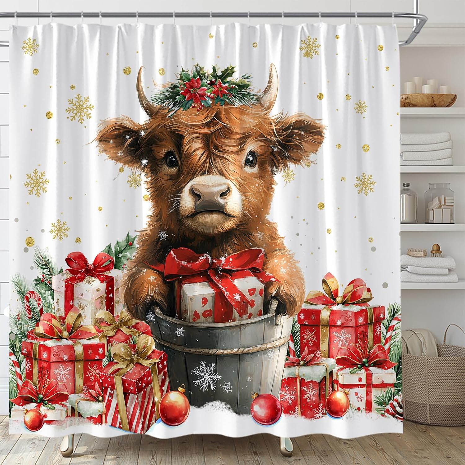 Christmas Highland Cow Shower Curtain Country Rustic Xmas Winter Snowflake Snow Holiday Polyester Fabric Bathroom Decor Set with Hooks(70" Wx84 H)