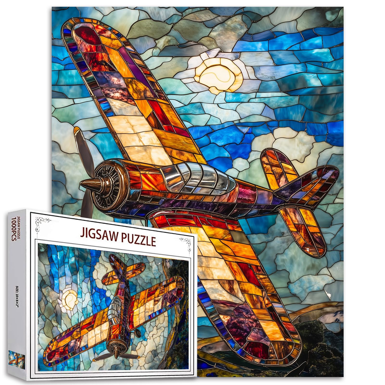 Stained Glass Airplane 1000 Piece Jigsaw Puzzle 1000 Pieces Fighter Plane Puzzles for Adults Teens Aircraft Puzzles Fighter Aircraft Retro Puzzle — image 1