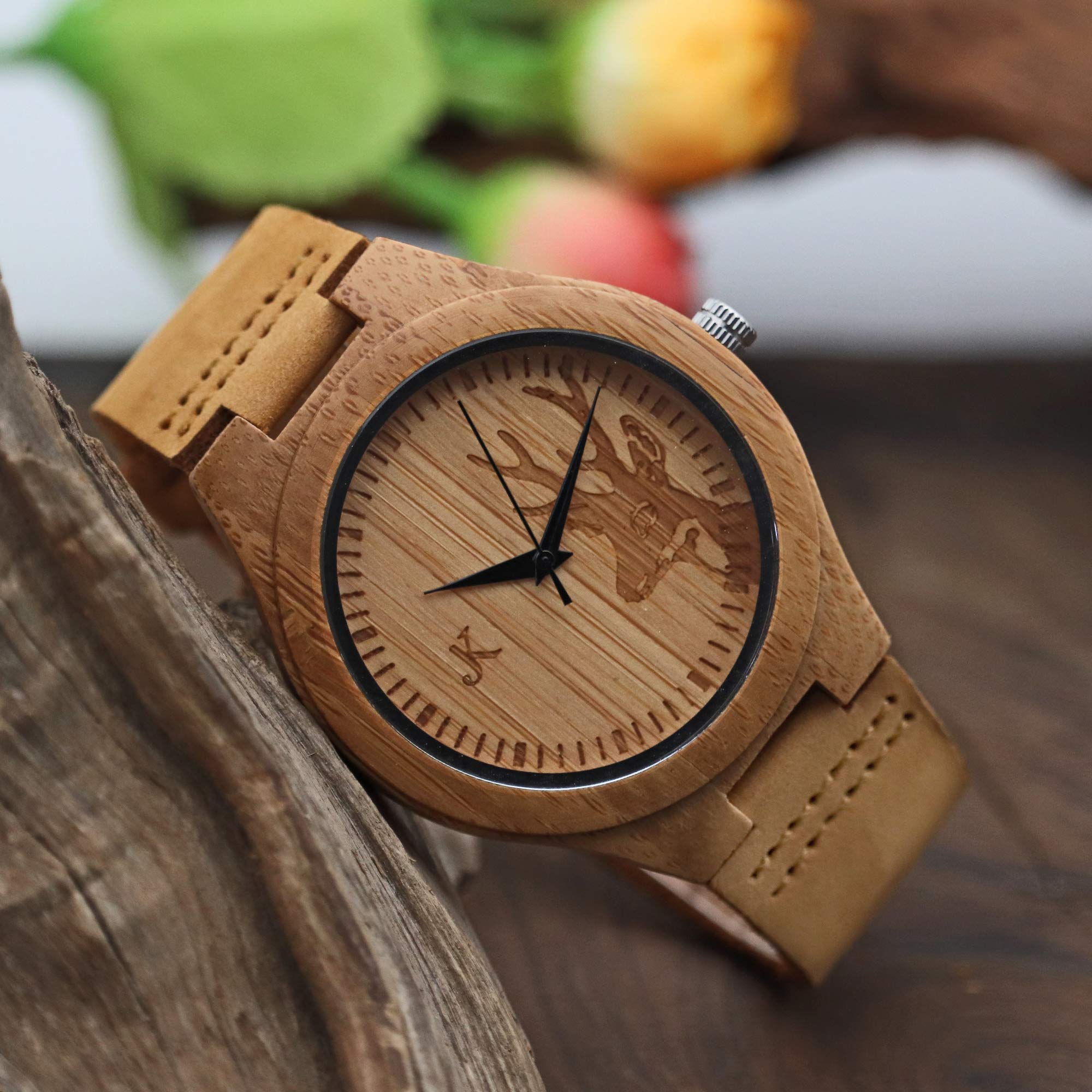 Kim Johanson Rewild - Orologio da polso da uomo, in legno di bambù, colore marrone, con vera pelle, realizzato a mano, analogico, al quarzo, con confezione regalo inclusa