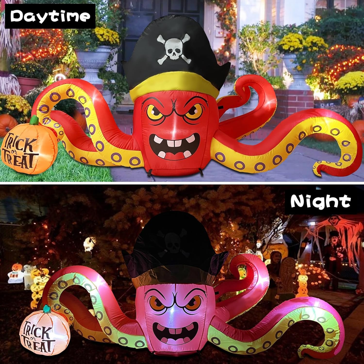 ZXSWONLY 2,3 m großer aufblasbarer Piratenoktopus für Halloween, Grusel-Oktopus mit Kürbis, aufblasbare Halloween-Dekoration mit integrierten LEDs für Garten, Terrasse und Halloween-Party