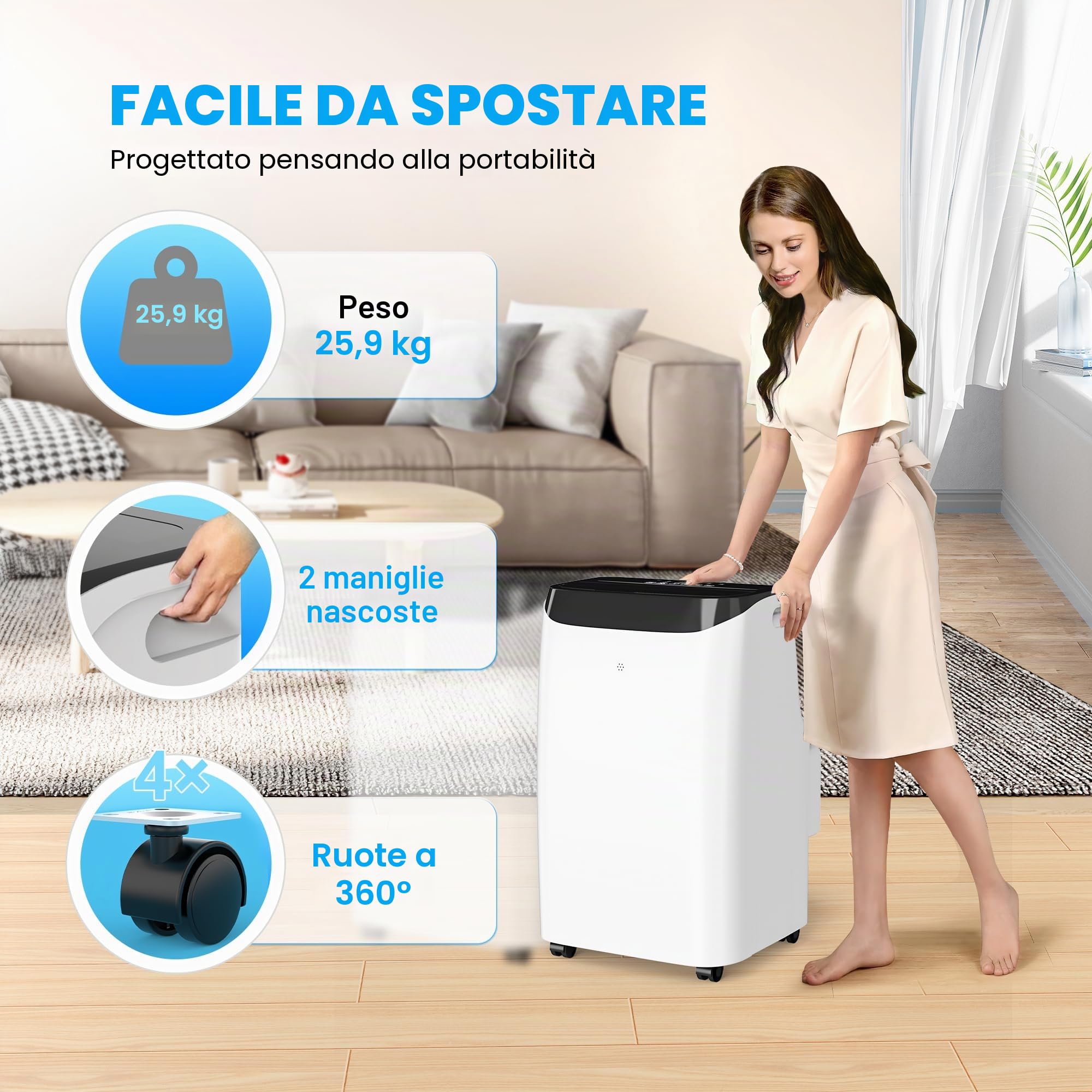 12000 BTU - Condizionatore portatile con telecomando, unità AC 3 in 1 ventilatore e deumidificatore, rinfresca stanza fino a 500 ft², modalità