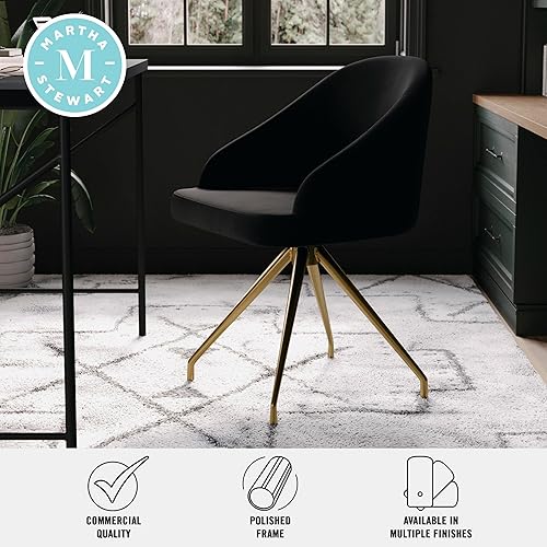 Miniatura 5 de Martha Stewart Sora Silla giratoria estacionaria con brazos inclinados para oficina en casa en terciopelo negro con marco de latón pulido