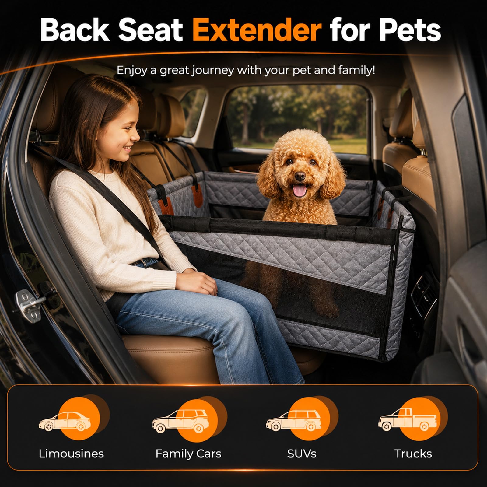 Perros Suelo Duro Asiento Individual, Asiento para Perros Reforzado Coche con Ventilación y Espacio de Almacenamiento, Impermeable Antideslizante Con Ventana de Red, Asiento para Perros Reforzado