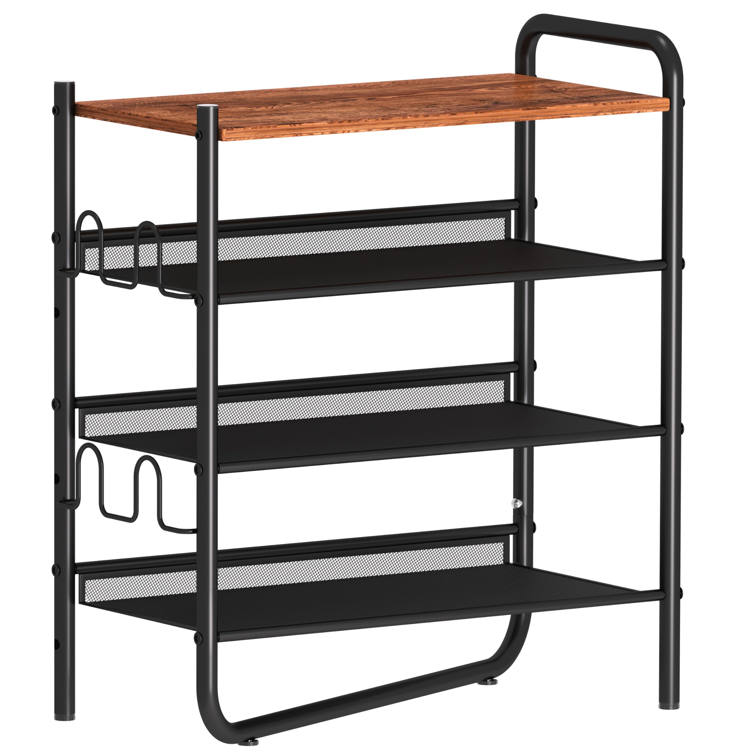 CHEMPFR Industrial Shoe Rack 4-Tier with Wooden Top - Heavy Duty Metal Frame, Space Saving Entryway Organizer Holds 16 Pairs, 25x12x28 Inch