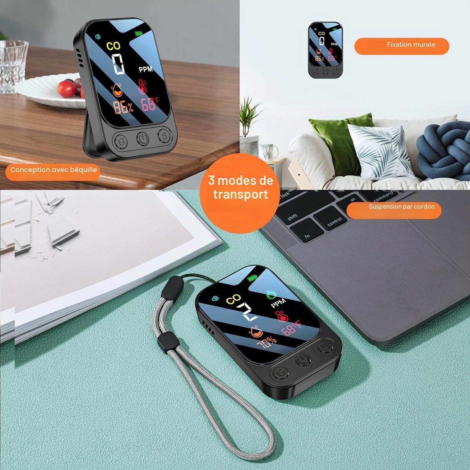 Détecteur de Monoxyde de Carbone Portable pour Voyage Camping Voiture, Alarme de CO Portatif, Mesureur de Monoxyde de Carbone avec Batterie Rechargeable Intégrée, Gris Foncé, HD09