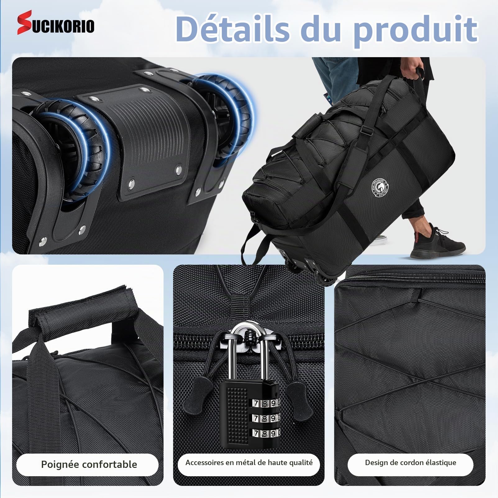 Pliable Sac de Voyage à roulettes 100L Grande Taille XXL 70x35x40cm Cadenassable avec Cadenas à Combinaison Imperméable Oxford Travel Bag Bagage a Main Cabine Avion Valise de Cabine, Gris