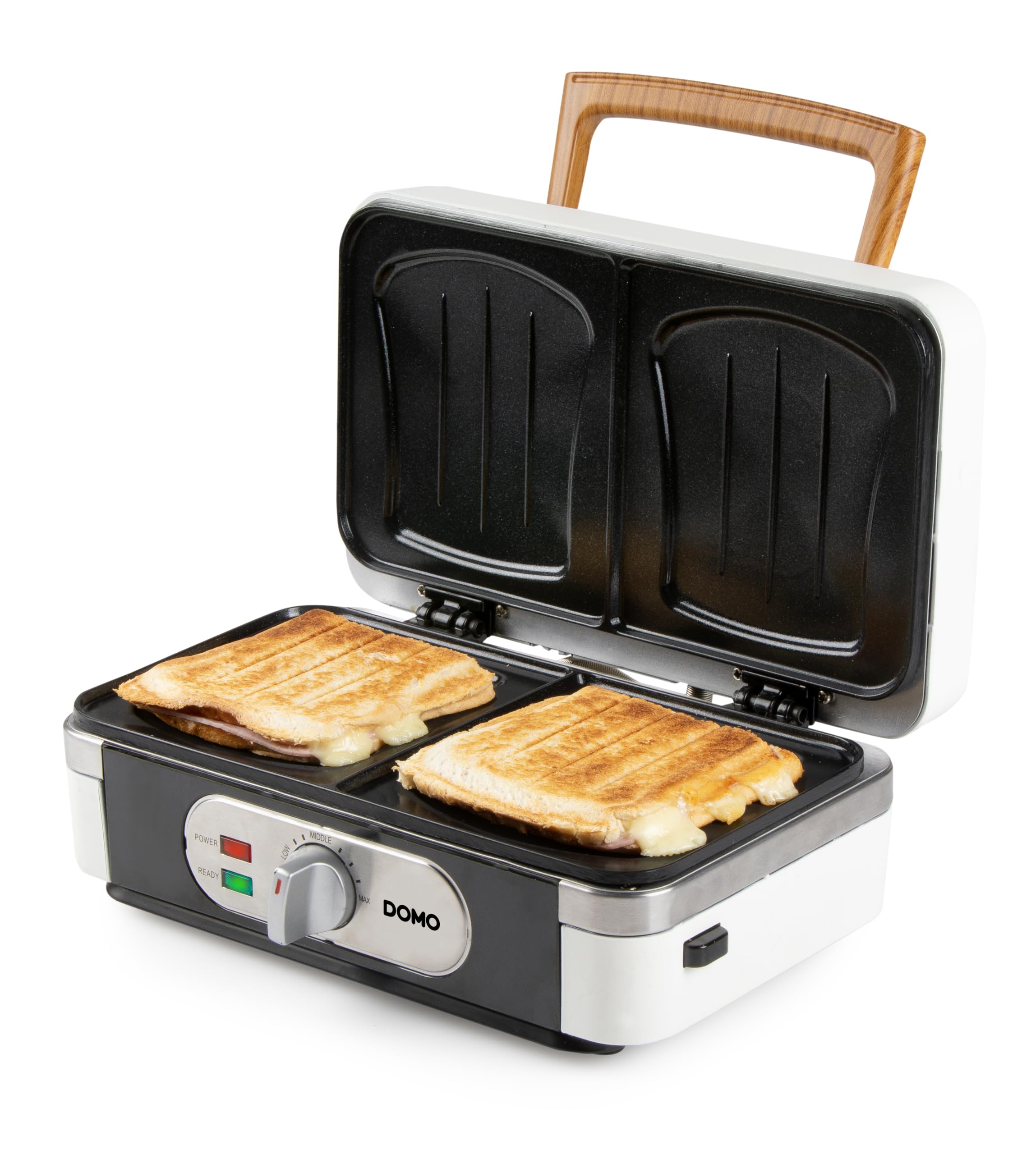 DOMO DO9277C Snackmaker 3 en 1 - Design de luxe en bois - PFAS FREE - Croque-Monsieur, Gaufrier et Gril - Pieds Anti dérapants - Plaques de cuisson interchangeables - 1100W - Blanc Poudré