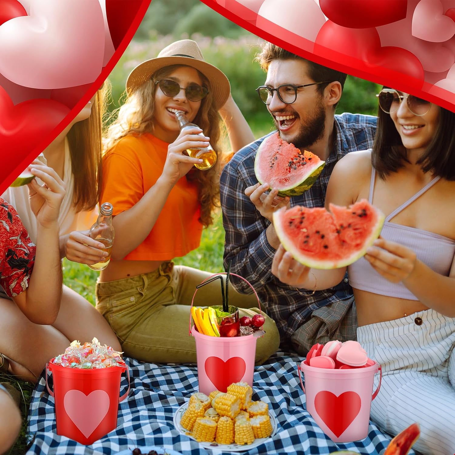 Crowye 12 Pcs 32oz Valentine's Day Bucket Bulk Heart Buckets for Drinks 4.33 x 3.15 x 4.33 in Plastic Drink Buckets with Handle for Valentine Birthday Bachelorette Party Wedding Drinks Beverages Beer