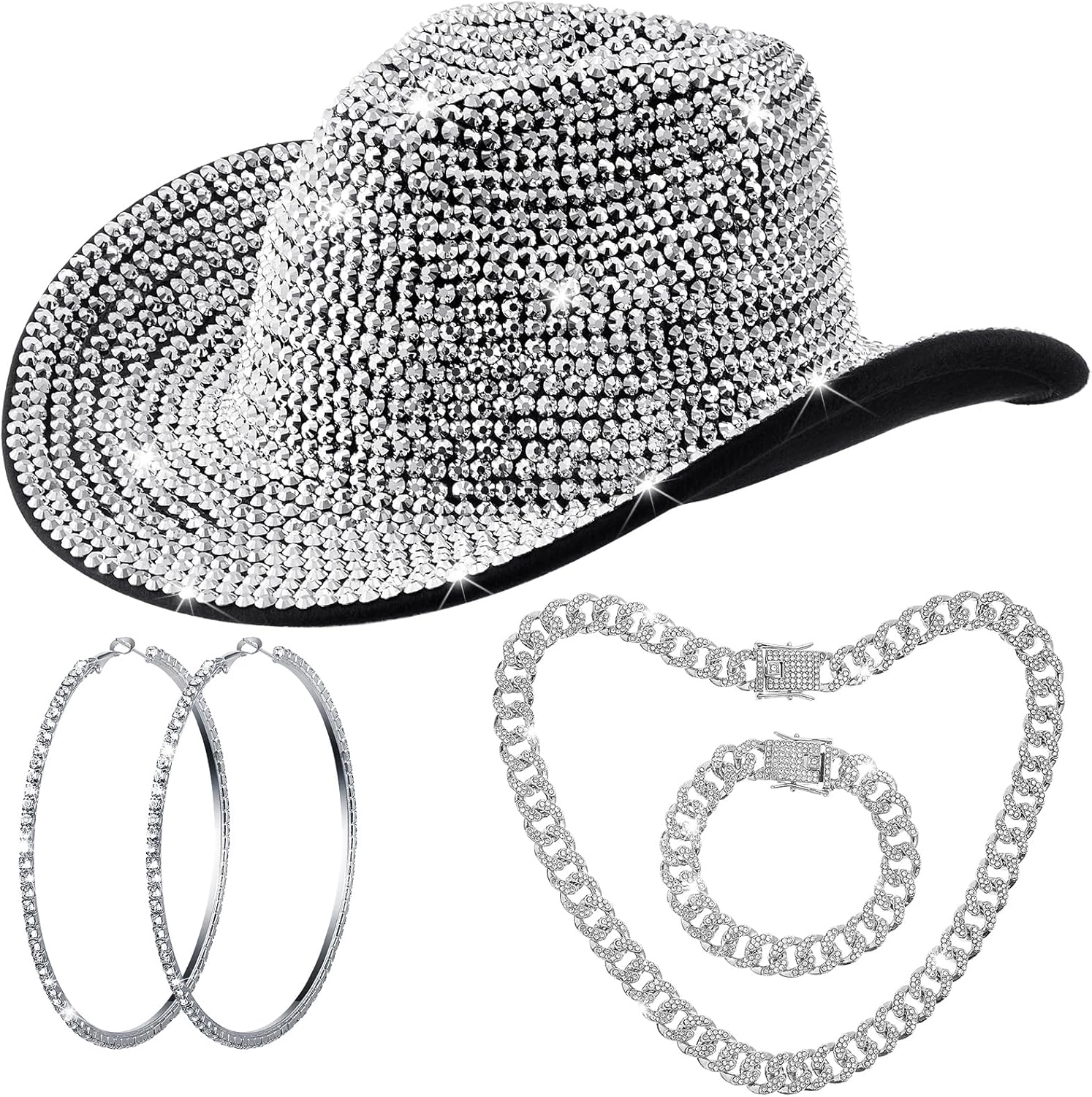 Hercicy Cowgirl Outfit for Women Silver Rhinestone Cowboy Hat with Bling Cuban Link Chain Necklace Bracelet Circle Earring