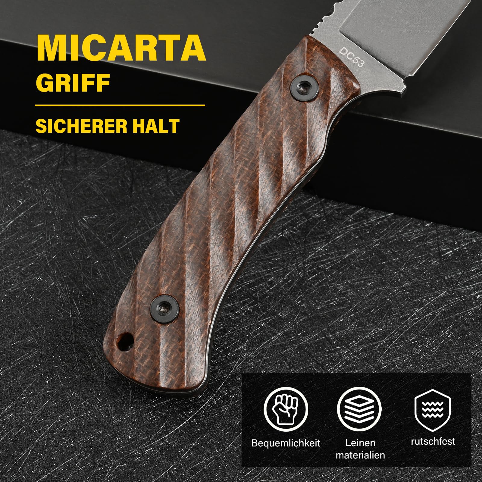 DC53 Stahl messer Feststehende Klinge Micarta Griff mit Kydex Scheide für Männer Outdoor Camping EDC Survival Jagdmesser (Schwarz + rutschfester Micarta Griff)
