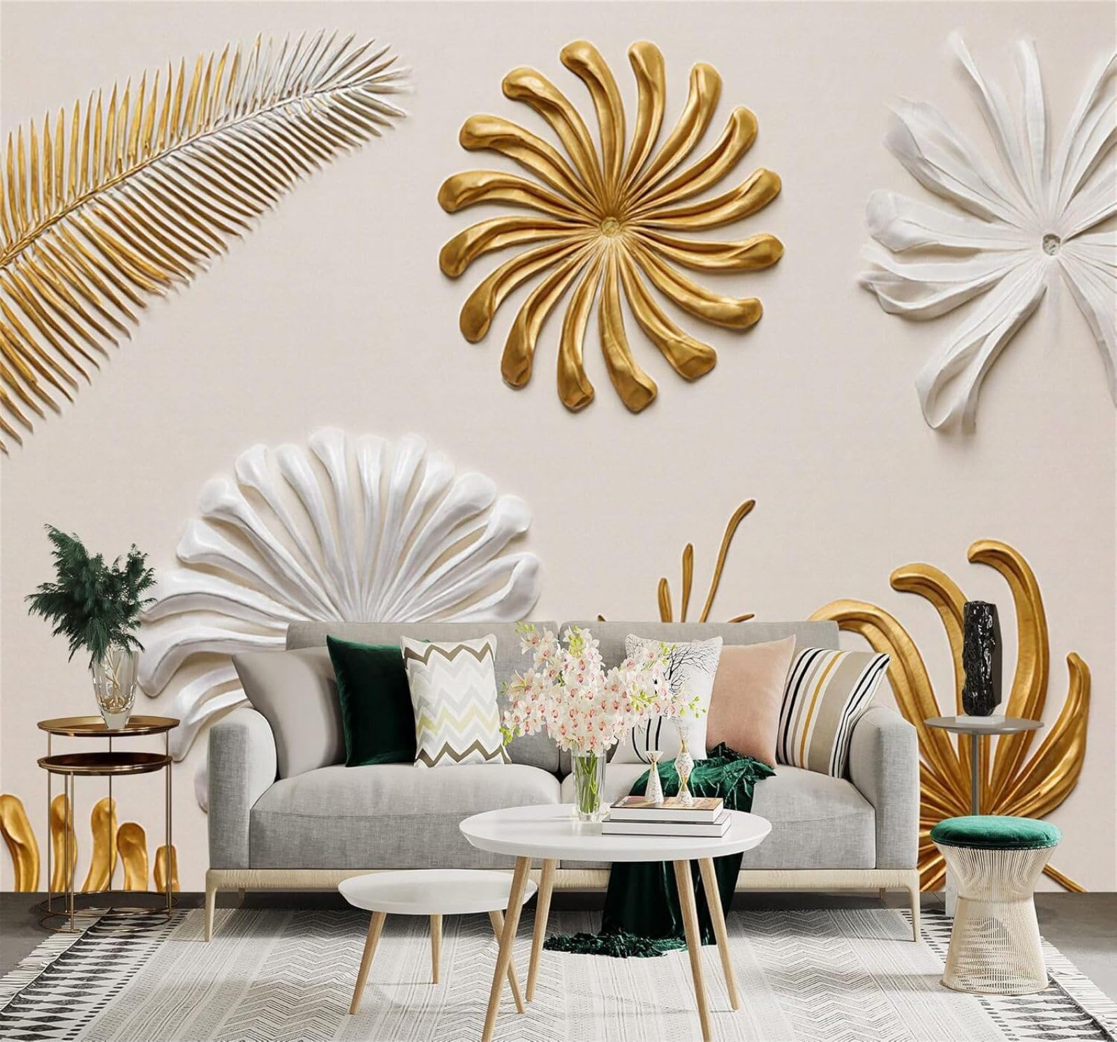 XLMING Minimalist Gold White Flowers Leaves Art 3D Wallpaper Silky Texture Home Study Office Grey Dining Room Sofa Bedroom Living Room TV Backdrop-350cm×256cm