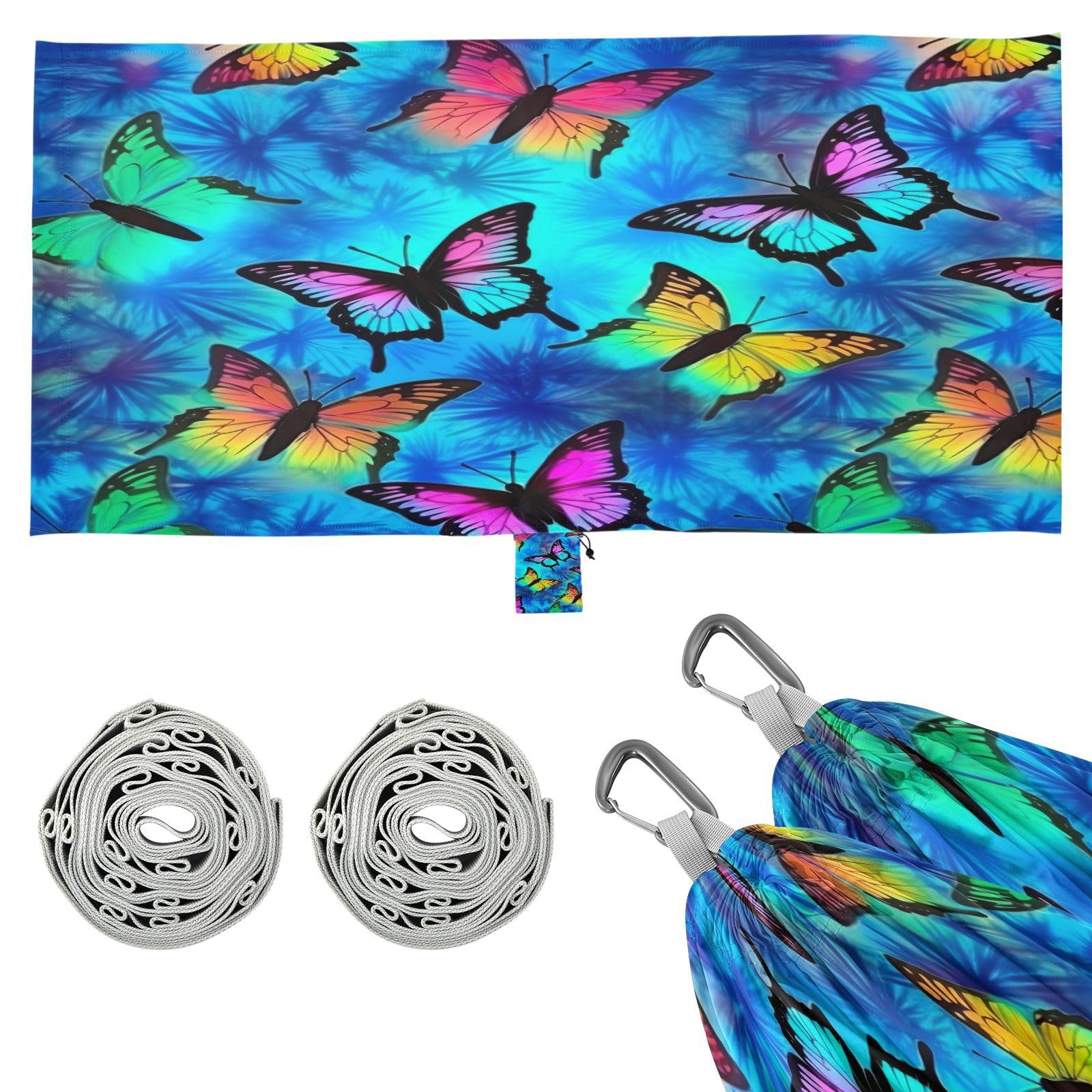 SDMKA Colorful Butterflies Camping Hammock, 330 lbs with 2 Tree Straps, Carry Bag, Single Portable Hammock for Outdoor/Indoor, Hiking, Beach, Backpacking, Travel