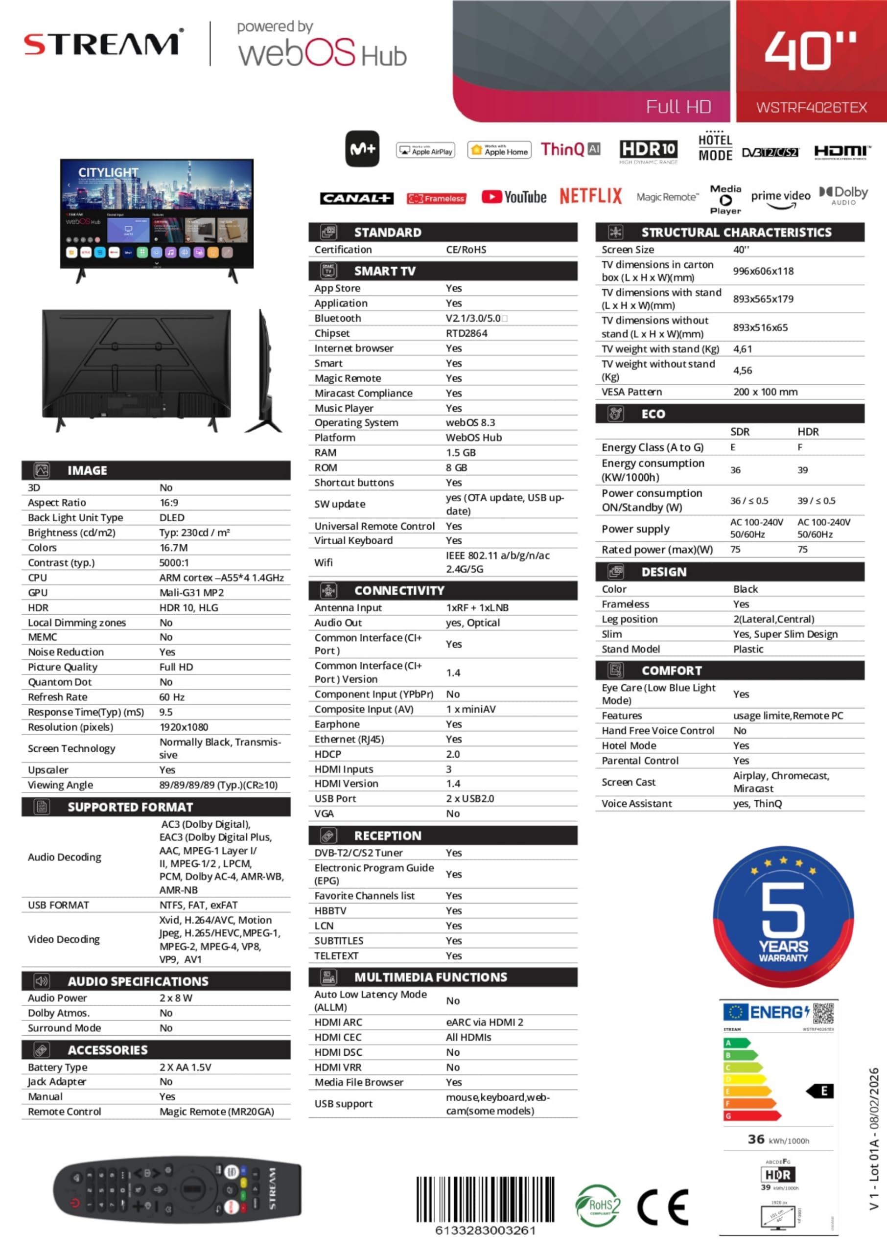Stream System - WebOS 8.3, Smart TV 40",5 Años de Garantía, FullHD, Magic Remote Control, HDR10, Frameless (Sin Marco), Control por Voz (LG Thinq AI) con Modo Hotel- Modelo WSTRF4026TEX