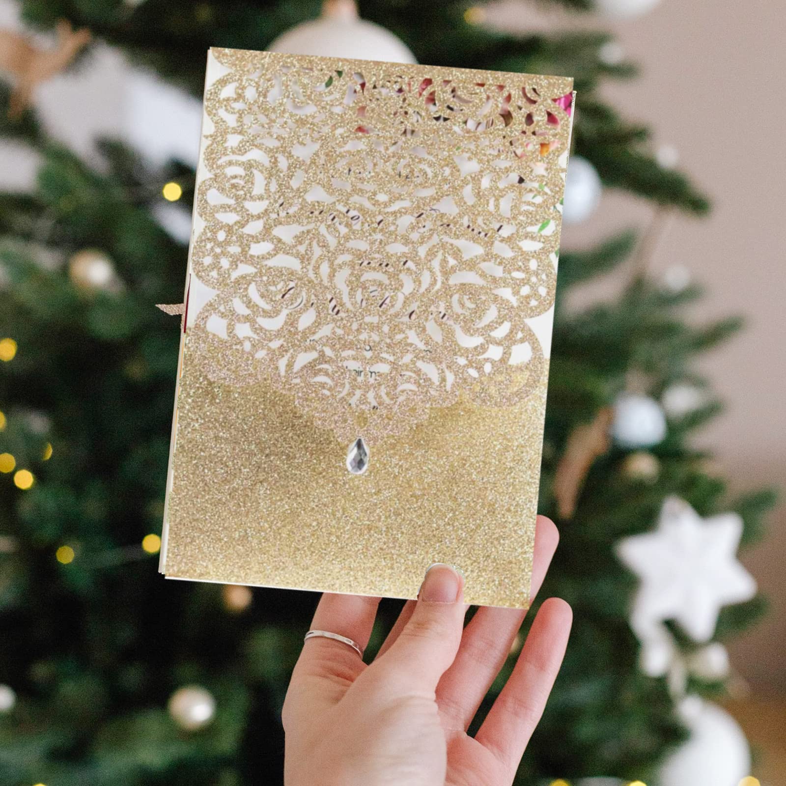 KALOPEZY 50PCS Wedding Invitation Gold invitations Gold Powder Floral Laser Cut with Blank Inner Sheet Envelopes for Wedding Engagement Bridal Bridal