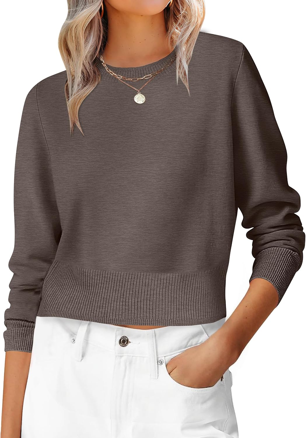ANRABESS Women’s Long Sleeve Sweaters Cropped Crew Neck Business Casual Light Weight Sweater Tops Fall Fashion Clothes 2025 Coffee Small