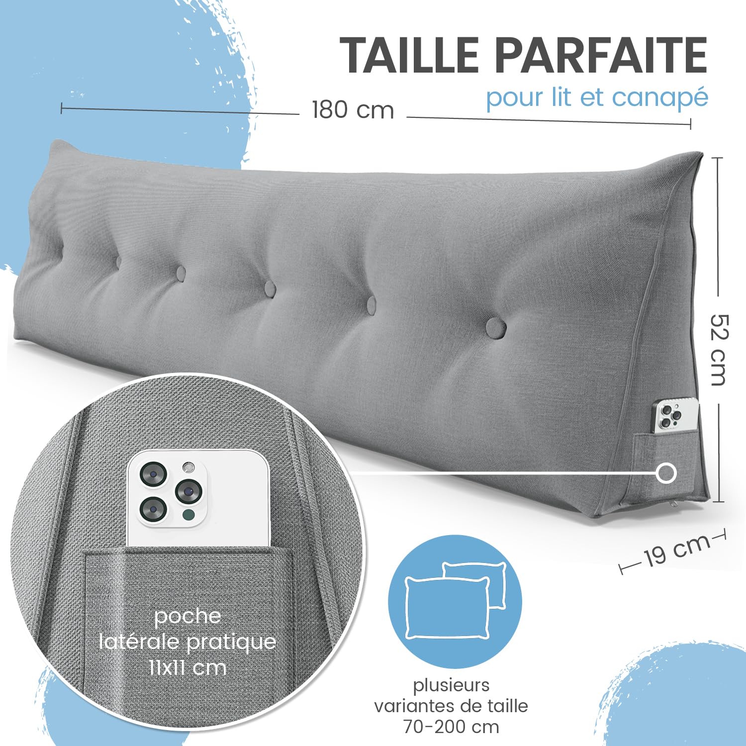 ELONEO Coussin de Dossier 180 cm de Large, Coussin en Coin adapté pour lit et canapé