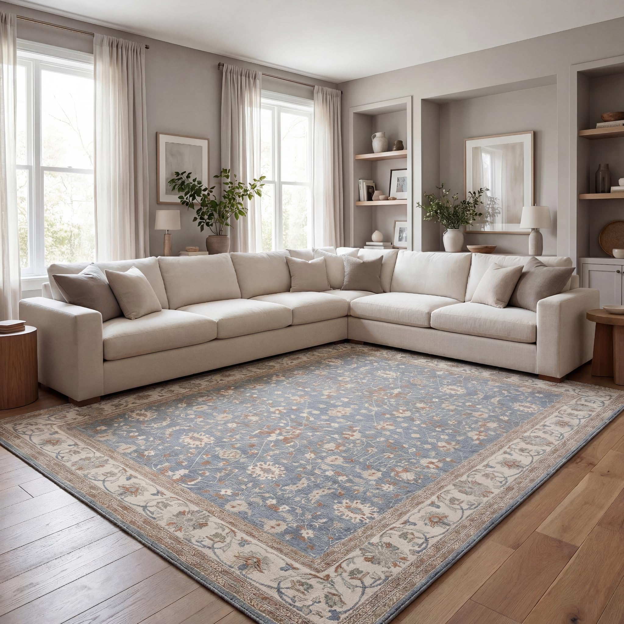 Kuden 8x10 Large Area Rug, Machine Washable Area Rug with Non-Slip Backing, Vintage Style, Soft, Easy Clean, Low Pile Rug for Living Room, Bedroom,