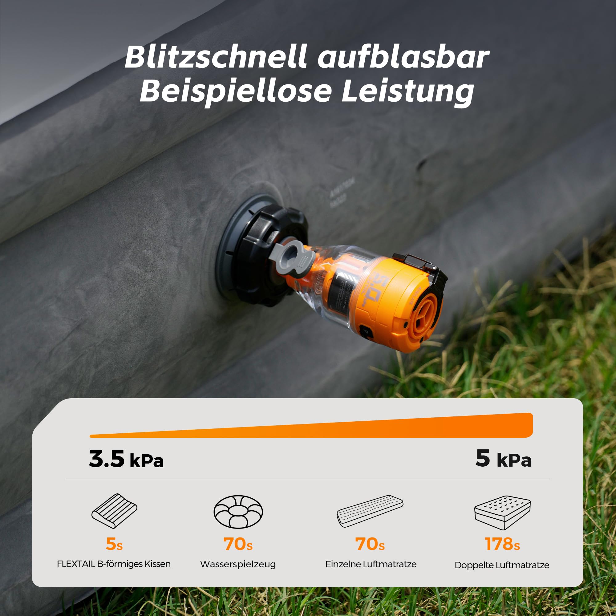 FLEXTAILGEAR MAX Pump 3 Tragbare Luftpumpe, 5,0 kPa, Beleuchtung, USB-Aufladung zum Aufblasen und Entleeren von Schwimmhilfen, Luftmatratzen und Schwimmringen, Vakuum-Aufbewahrungsbeutel