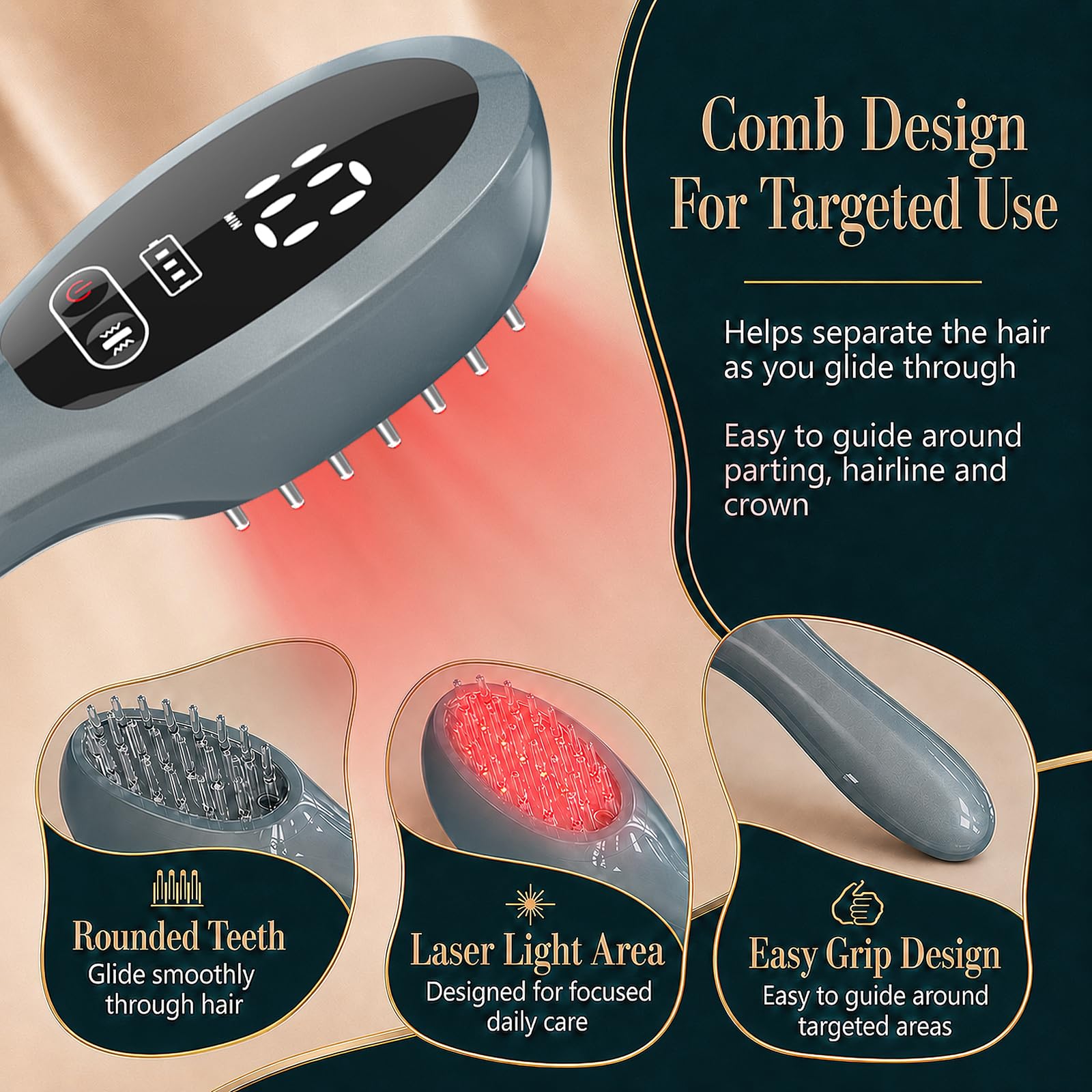 Pettine Laser per Ricrescita Capelli 650 nm, Portatile e Senza Fili Spazzola LED a Luce Rossa con Vibrazione, per Attaccatura, Riga e Capelli dall’ Aspetto più Folto, Donna e Uomo