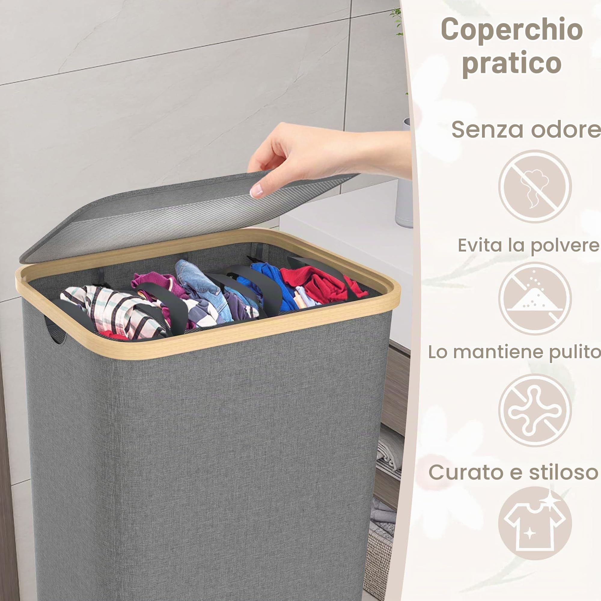 Cesto portabiancheria con coperchio, 140 l, con 3 scomparti, tasca interna lavabile con manici, sacco per la biancheria, cesto per la biancheria, laundry Basket, grigio