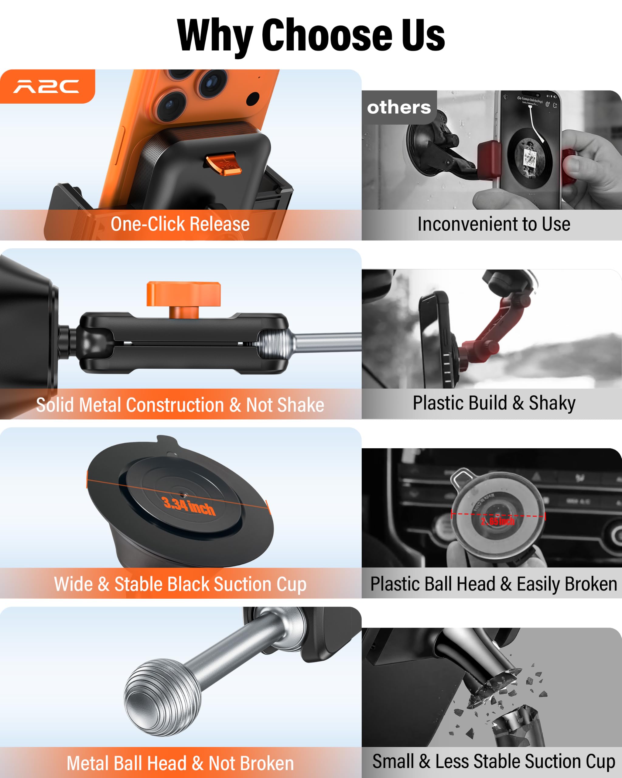A2C Soporte de coche con doble ventosa de vacío resistente, soporte de teléfono para parabrisas con brazo de metal antivibración con liberación con una sola mano y rotación de 360° para iPhone y la
