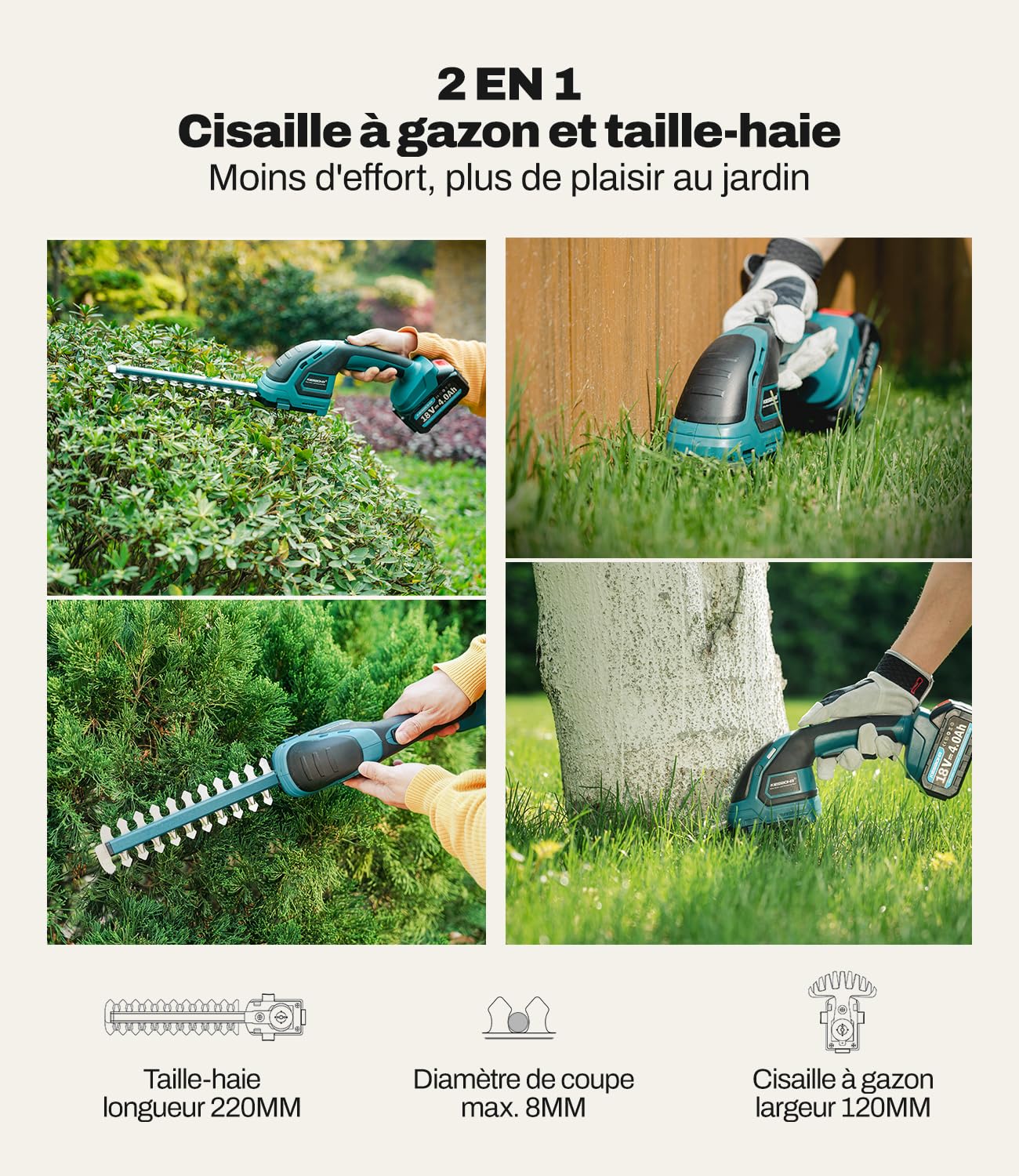 Ciseaux à Gazon et Taille-Haies 2en1 pour Makita 18V(Non G-Series) | Petites herbes et arbustes.Lames 12cm gazon,22cm haies,Coupe 8 mm,changement sans outil,leger 920 g,sans batterie ni chargeur