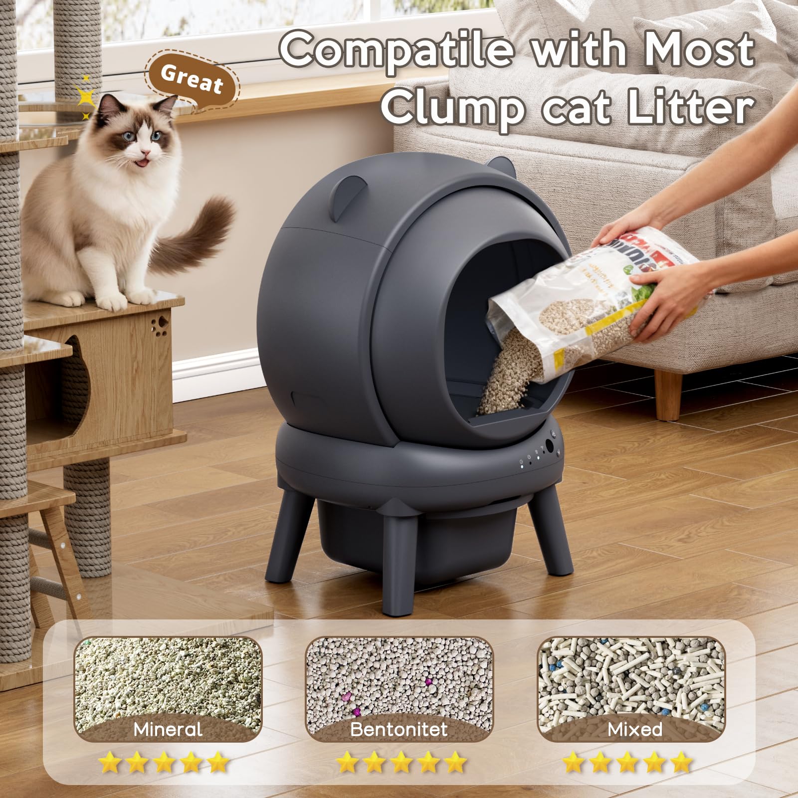 Automatic Litter Box for Multiple Cats, Large Capacity Self Cleaning Litter Box with App Control, Noise & Odor Control, Dual Safety Sensors, Easy Maintenance with 2 Roll Garbage Bags, Gray - image 7