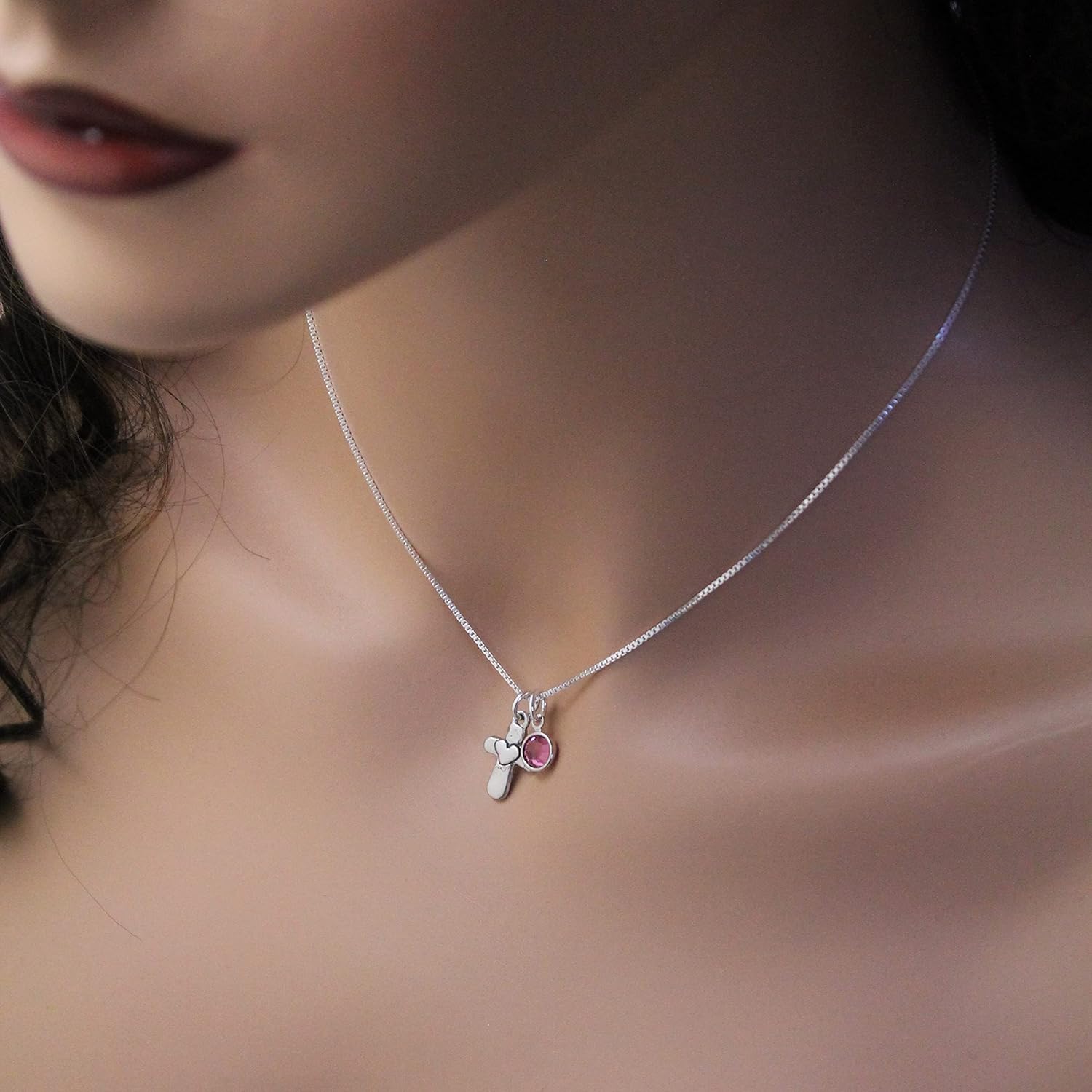 Cross Heart Necklace with Birthstone for Girls - Confirmation Gift - Holy Communion Jewelry - Sterling Silver Cross Necklace - Baptism Gift - Image 2