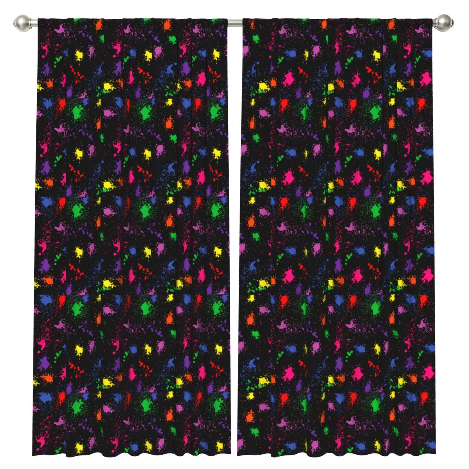 InOmak Rainbow Splatter Neon On Dark, 2 Panels Window Curtains 52 x 84 Inch Blackout Curtains for Living Room Bedroom