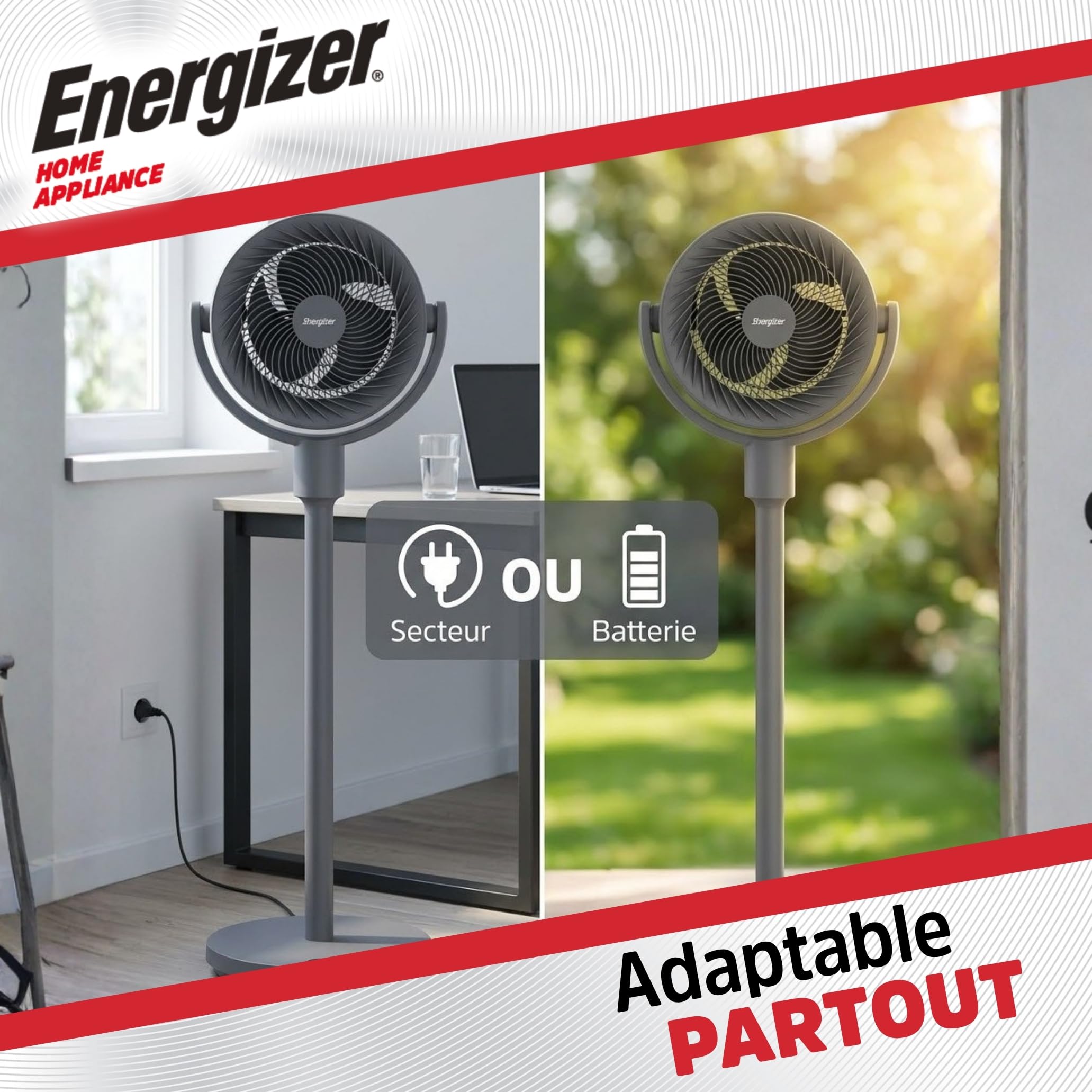 Energizer Ventilatore a Piantana Silenzioso 35 dB, 1017 m³/h, 9 Velocità, Oscillazione 90°, Portatile Ricaricabile 2400 mAh, Altezza 100 cm, Cavo USB Incluso, Per Ufficio e Camera, Grigio