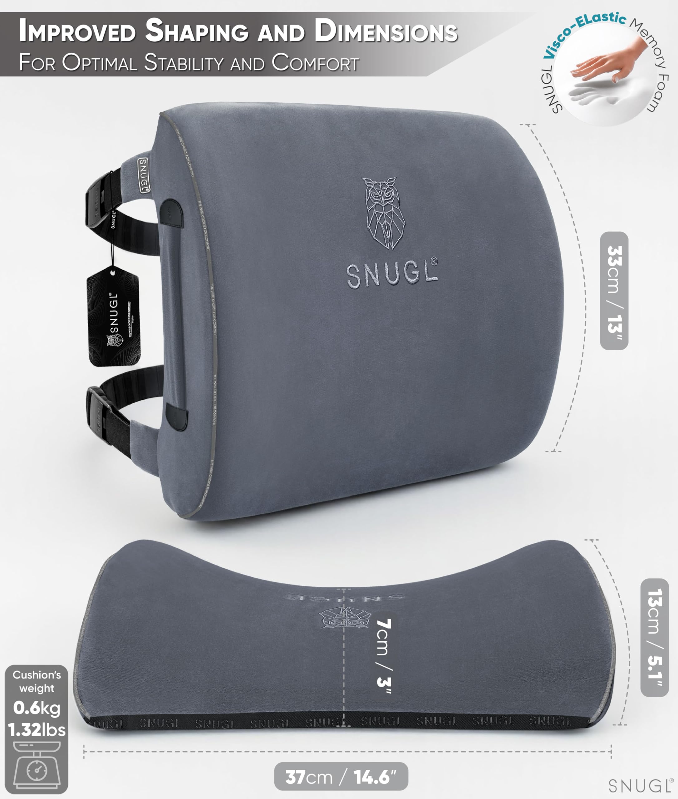 SNUGL Cuscino Lombare Supporto Schiena per Sedia da Ufficio | Cuscino Ortopedico in Memory Foam | Correttore Postura Uomo Donna | Cuscino Sedile Auto | Accessorio Ergonomico per Ufficio