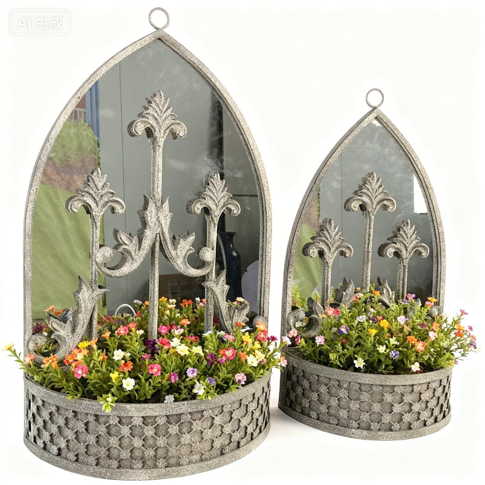AcaciaHome Durable Set of 2 Rusty 62cm & 52cm Metal Wall Mirror Planter Holders with Arched Mirrors and Built-In Plant Pots, Rustic Farmhouse Indoor Outdoor Wall Decor for Patio, Balcony, Hallway
