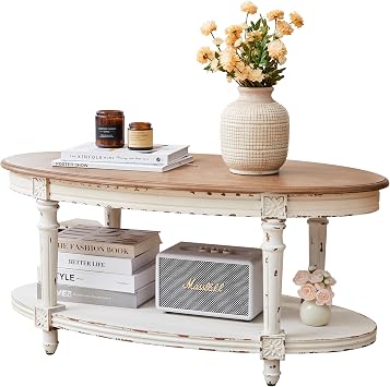 Farmhouse Oval Coffee Table 39 Inch, 2Tier Distressed Wood Center Table