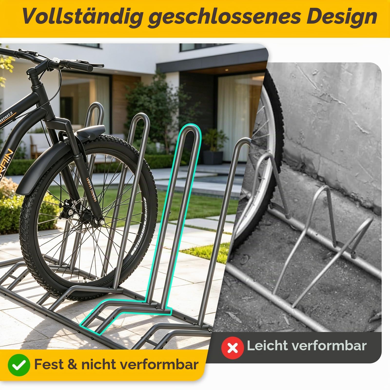 Fahrradständer Boden für 5 Fahrräder – Einstellbare Fahrradhalter | Dualer Fahrrad Ständer für Erwachsene & Kinder –Indoor & Outdoor – Ideal für Mountainbikes & Rennräder, stabil & platzsparend