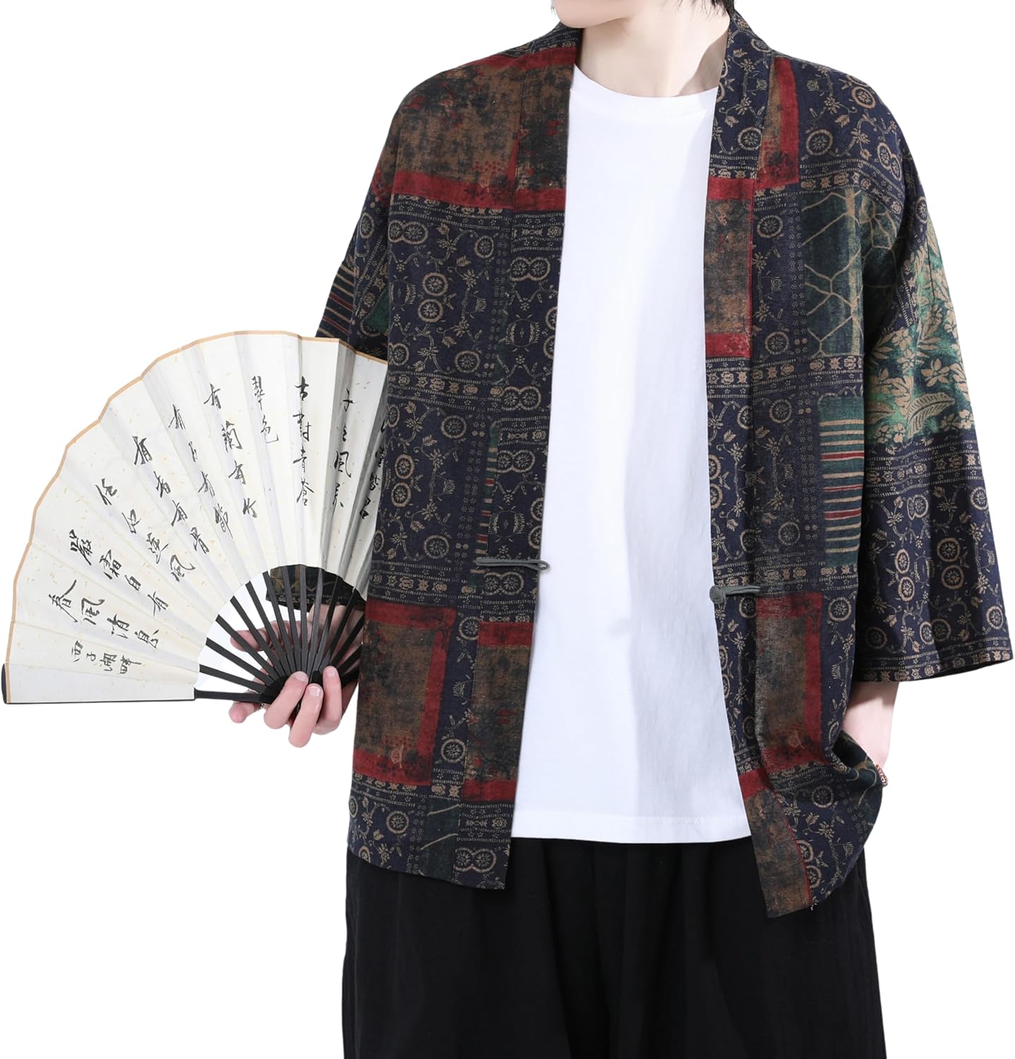 PRIJOUHE Men's Cotton Linen Kimono Jacket Lightweight Open Front Kimono Cardigan Japanese 3/4 Sleeve Yukata Coat - Image 4