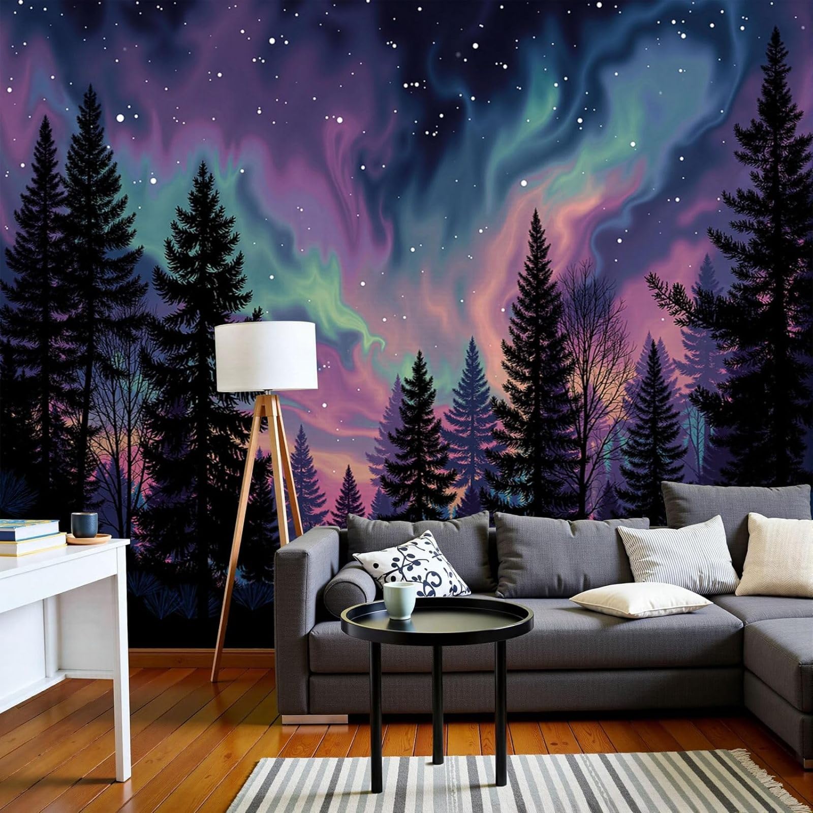 Non-woven photo wallpaper Aurora Dancing Pine Forest 3D effect, fantasy starry sky for living room bedroom, purple wall wallpaper for wall decoration, 150cm x 105cm stickers - frameless painting - pos