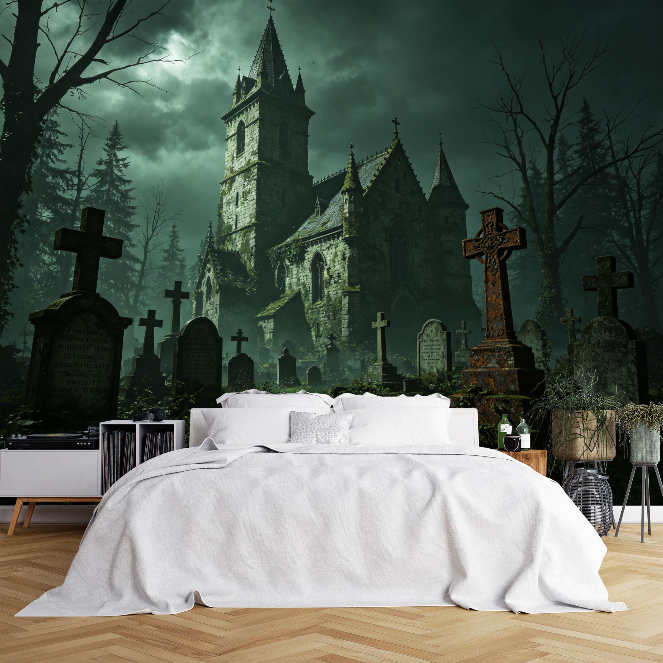 Lcythiazole Ch260615157 Custom Size Wall Murals Stormy Haunted Church Cemetery Wall Murals Spooky Gothic Forest Wallpaper Realistic Self-Adhesive Removable Wallpaper For Halloween Room