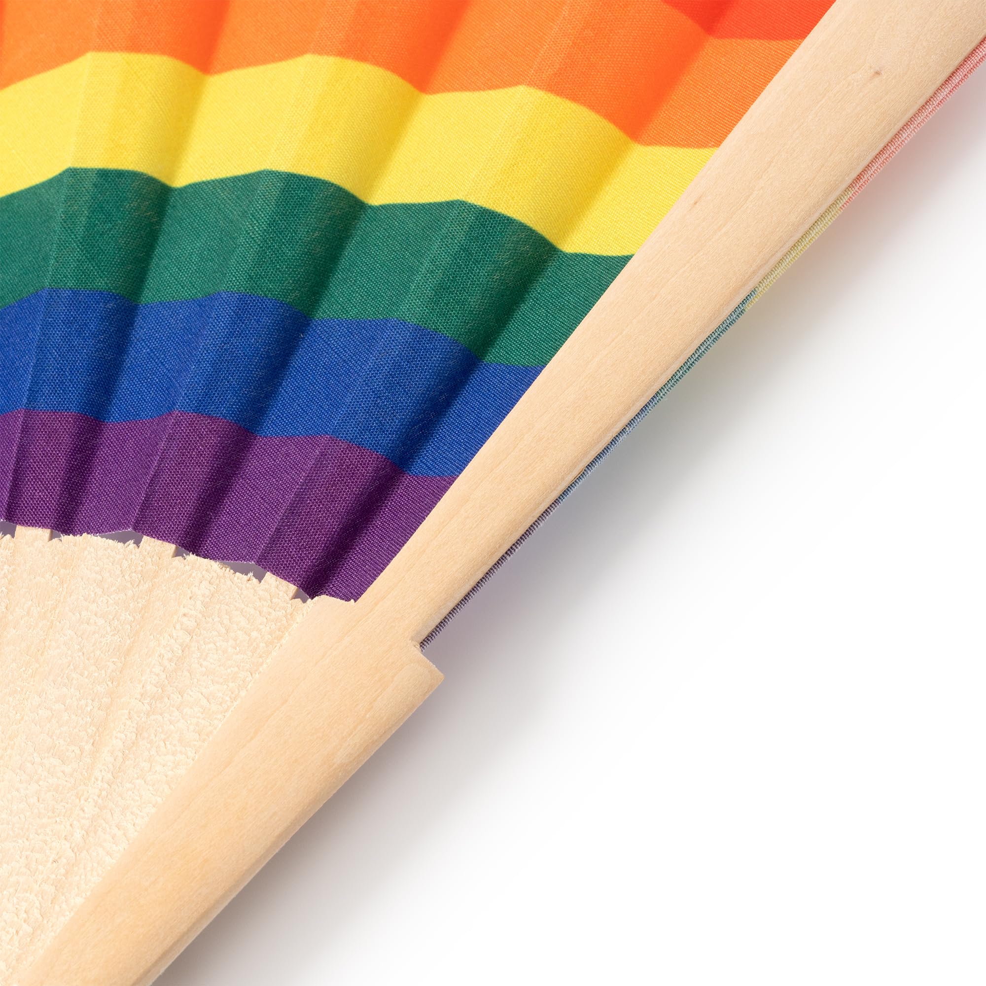 Pack 20 Abanico Multicolor Pride con Estampado Arcoíris, Varillas de Madera, Tela Multicolor, Ideal para Eventos, Desfiles, Fiestas Pride, Producto Ligero con Caja Blanca, Medidas 42,5x23x3 cm