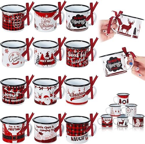 Sliner 12 tazas de café de Navidad con cinta a cuadros de 8.5 onzas, taza de Navidad con borde negro a granel para regalo de Navidad, centros de